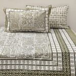 Jaipur Block Print Bed Sheet with 2 Reversible Pillow Covers, Blue Motif Cotton Flat/Fitted Print Bedsheet, Housewarming Gift
