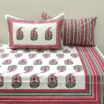 Jaipuri Hand Block Printed Queen Size Flat/Fitted Bedsheet with 2 Reversible Pillow Covers, Indian Cotton Printed Bedding Set for Home Décor