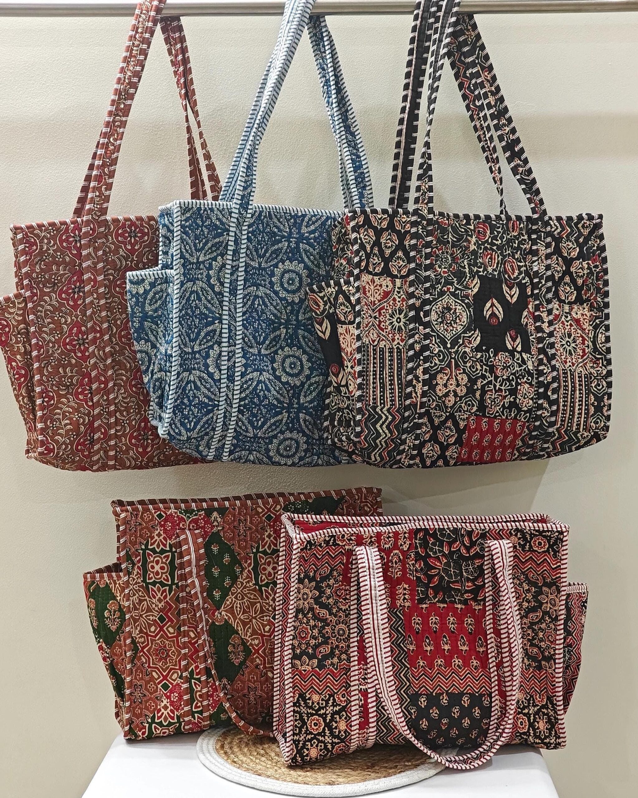 il_fullxfull.7866962906_8dj6-1.jpg Handmade Quilted Cotton Tote Bag, Block Print Cotton patchwork bag, Travel Shopping Bag, tote shoulder bag, bridesmaid gift , boho beach bag - Image 1